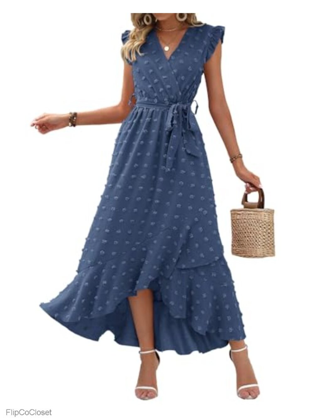 Boho Swiss Dot Maxi Dress - Sleeveless V-Neck A-Line
